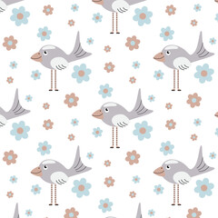 scandinavian seamless pattern with birds and flowers - 649375463