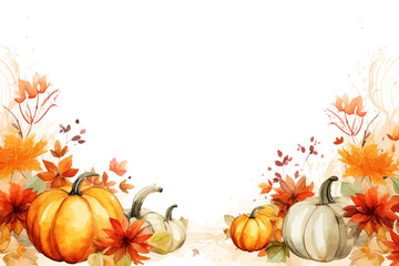 Naklejka na ściany i meble Autumn panorama and pumpkins colorful watercolor frame. Autumn. Vector illustration design.