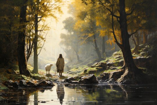 Illustration of Jesus Christ The Shepherd in the middle of nature looking for and finding the lost sheep offering salvation Generative AI