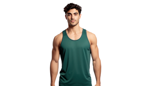 sports guy with fitness and muscular arms in sporty green tank top standing for workout training, png isolated on white transparent background