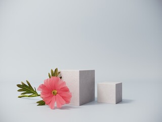 Premium podium, pink glass stand on pastel, light background with natural plant, leaves. Mock up for the exhibitions, presentation of products - 3D, render. 