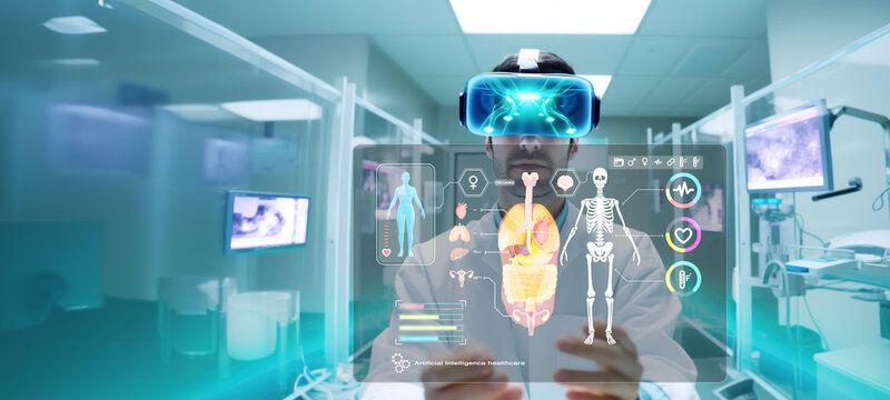 Doctor, wearing virtual reality use AI robots for diagnosis, patient treatment, Medical research development innovation technology, Future of healthcare, Insurance, emergence, artificial intelligence