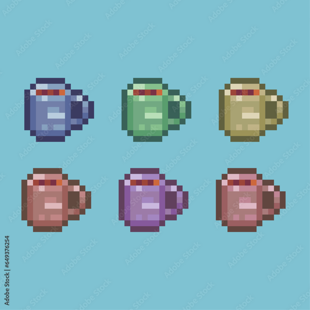 Poster pixel art sets of cup of coffee with variation color item asset. simple bits of cup of coffee on pix