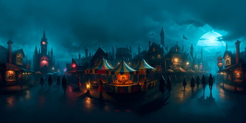 

Happy Halloween 360 panorama background with glowing pumpkins and horror themes