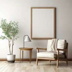 Interior of modern living room with beige walls, wooden floor, comfortable white armchair and mock up poster frame. 3d rendering