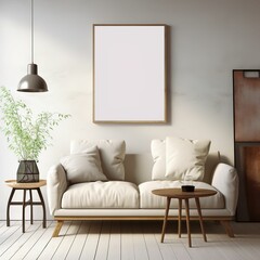 Interior of modern living room with beige walls, wooden floor, comfortable white armchair and mock up poster frame. 3d rendering