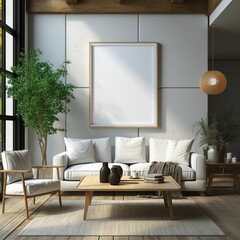 Interior of modern living room with white walls, wooden floor, comfortable white sofas, coffee table and vertical mock up poster frame. 3d rendering