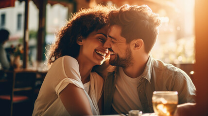 couple of young woman and man kissing and hugging on bar table or restaurant. love and romance concepts - obrazy, fototapety, plakaty