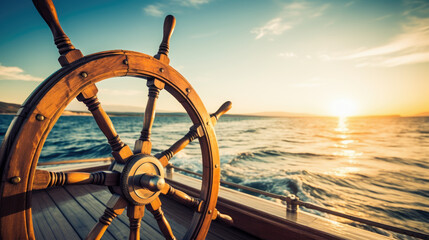 ship wheel on boat with sea and sky. freedom and adventure. direction concept - 649376623