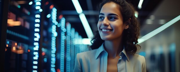 Cheerful woman working diligently in a data center. Digital world in female professional hands. Copy space