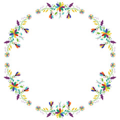 Folk embroidery frame. Design template for fiesta invitation, wedding and birthday invitation card, greeting xard. Mexican Otomi Tenango embroidery style. Round border. Vector