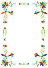 Folk embroidery frame. Design template for fiesta invitation, wedding and birthday invitation card, greeting card, restaurant menu. Mexican Otomi Tenango embroidery style. Size A4 border. Vector 