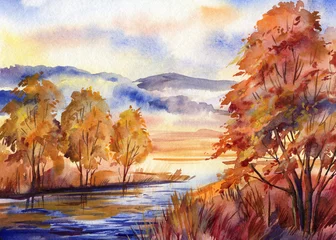 Poster Nature illustration with lush fields of meadows and river, Watercolor landscape painting, Autumn landscape © Hanna