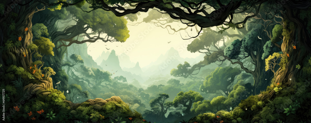 Aufkleber enchanting fairy-tale forest canopy background with empty space for text