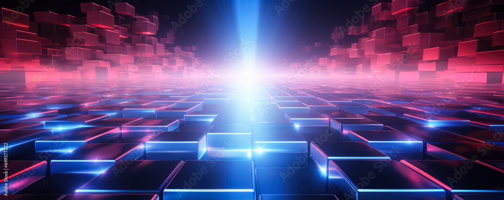 Poster glowing neon grid in cyberspace background with empty space for text