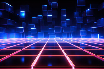 Glowing neon grid in cyberspace background with empty space for text 