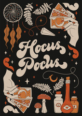 Happy Halloween - hand drawn lettering phrase. Hand drawn vintage poster with decorative spooky elements, cat, hat, piumpkin, broom, leaves, moon.