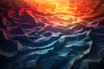 Glowing tessellated polygons merging into an eccentric 3D geometric landscape 