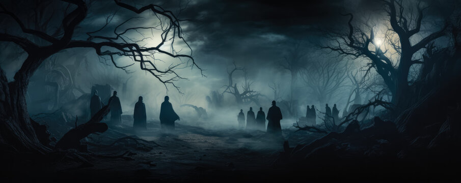 Ghostly silhouettes in a haunted forest background with empty space for text 