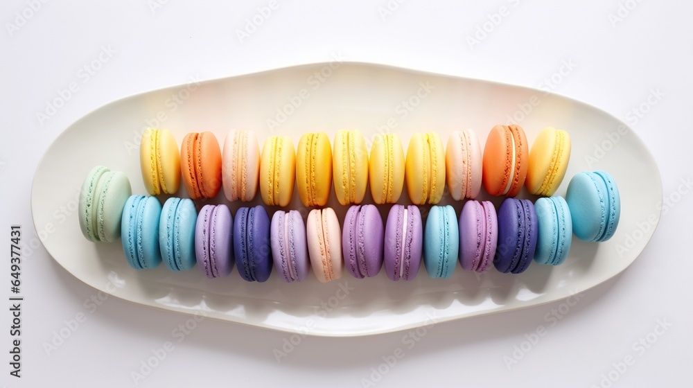 Poster a plate with a bunch of colorful macaroons on it. generative ai