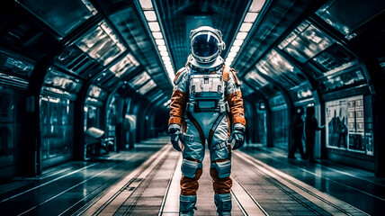 Personne avec casque et combinaison d'astronaute dans une station souterraine - obrazy, fototapety, plakaty