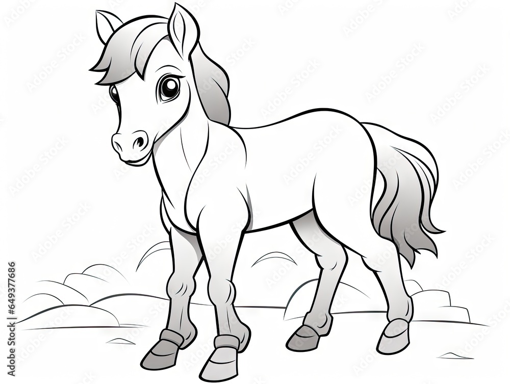 Poster a cartoon horse standing in a field with clouds in the background. generative ai