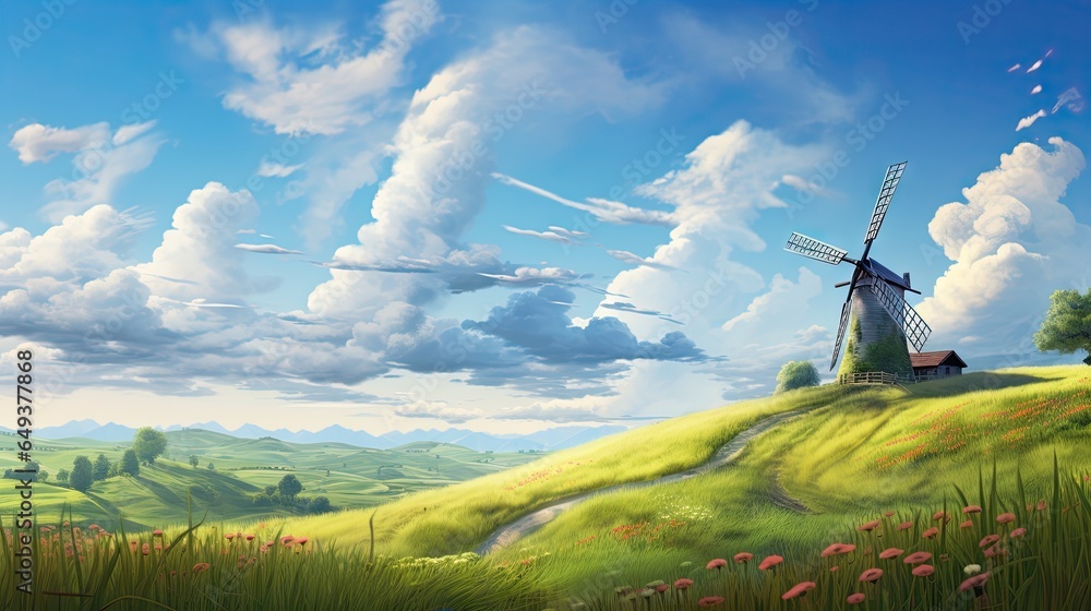Poster a painting of a windmill on a hill with a stream running through it. generative ai