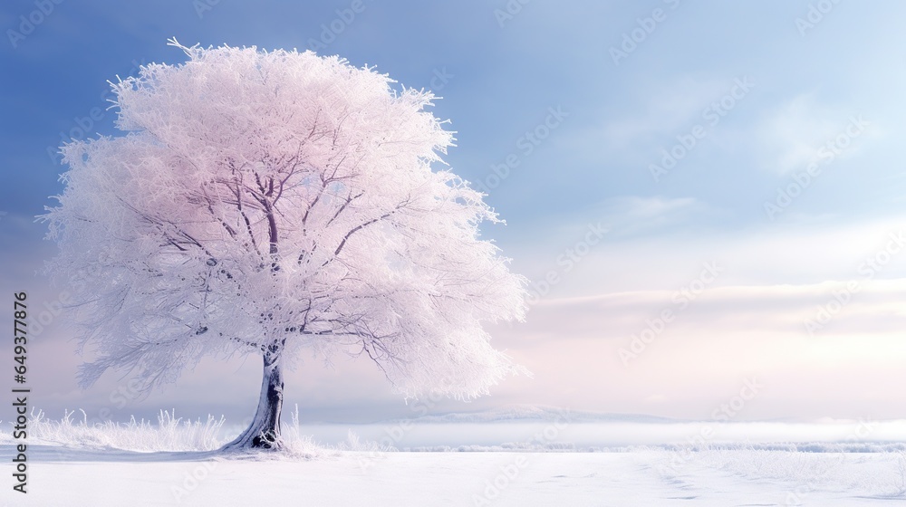 Poster a large tree with a lot of snow on it in the middle of a field. generative ai