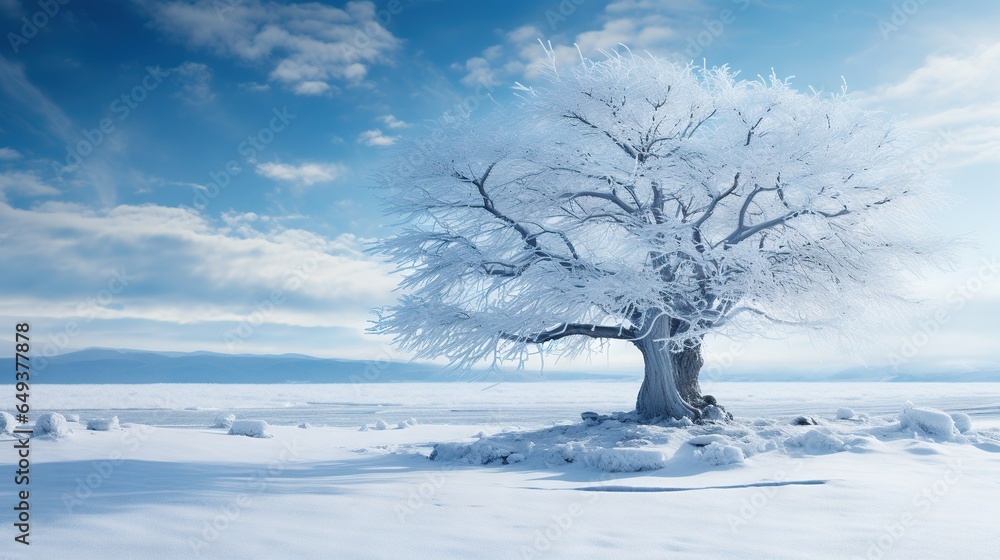 Poster a tree in the middle of a snow covered field with a blue sky in the background. generative ai