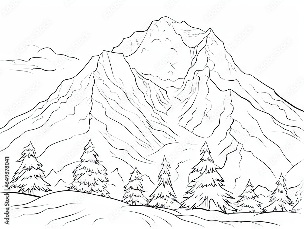 Poster a drawing of a mountain with trees and mountains in the background. generative ai