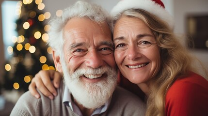 Portrait of senior man and woman at home smiling and happy at Christmas. Generative AI - obrazy, fototapety, plakaty