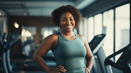 Fit black girl, portrait of a beautiful chubby African smiling woman in the gym, posing at the camera - Powered by Adobe
