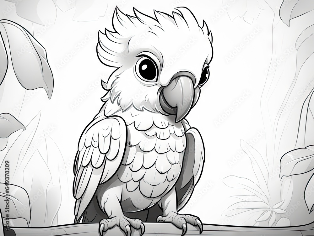 Poster a white parrot sitting on top of a tree branch in a forest. generative ai