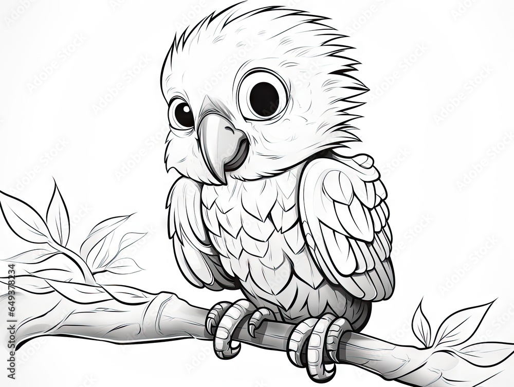 Poster a drawing of a bird sitting on a branch with leaves. generative ai