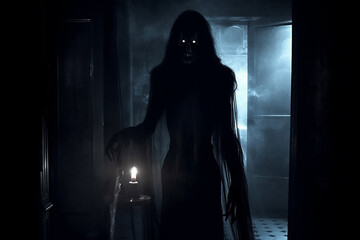 Creepy ghost in dark haunted house. Halloween concept. - obrazy, fototapety, plakaty