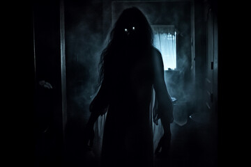 Creepy ghost in dark haunted house. Halloween concept.Generative ai