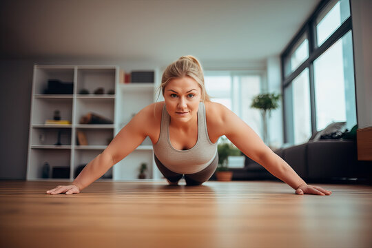portrait of a pretty overweight woman doing exercise at home