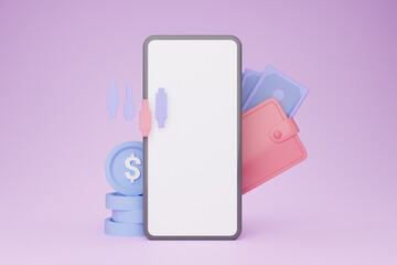 Smartphone with empty screen, wallet and money cash, 3D illustration