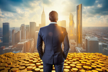 Successful businessman in suit standing on pile of gold coins, over city in sunlight. Concept of success, photorealistic AI generated.