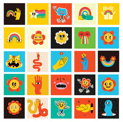 70's groovy square posters, cards or stickers. Retro print with hippie cute colorful funky character concepts of crazy geometric, dripping emoticon. Only good vibes sentence