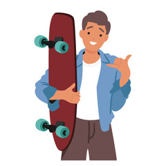 Teenage Boy With Skateboard In Hand, Flashes A Laid-back Hang Loose Gesture With His Thumb And Pinky Vector Illustration © Anna Syvak