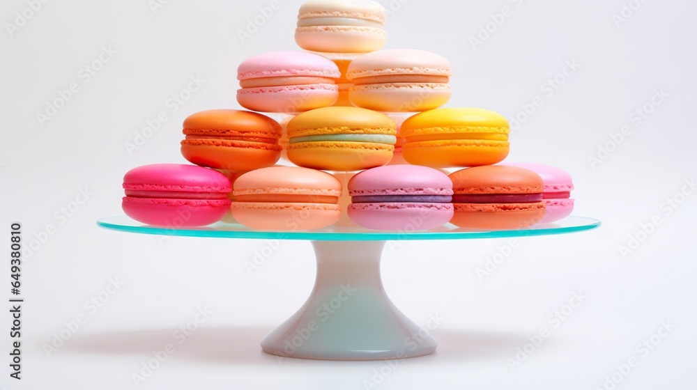 Poster a cake stand with a stack of macaroons on it. generative ai