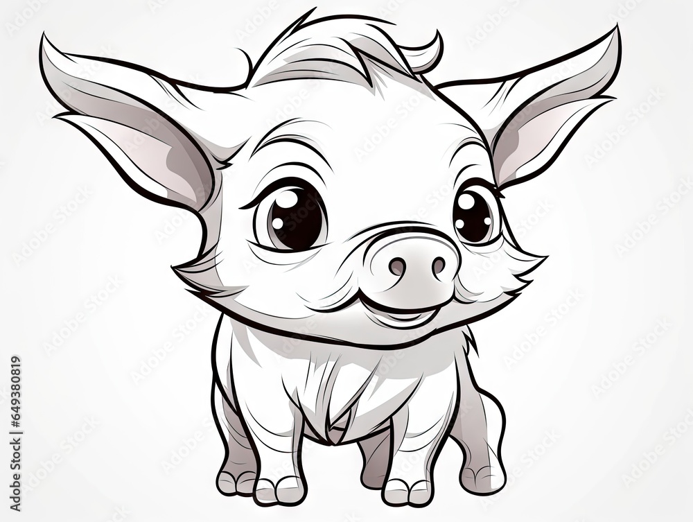 Poster a little pig with big eyes and a big nose is standing in front of a white background. generative ai