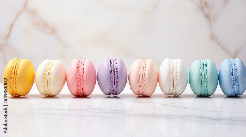 Poster a row of macaroons sitting on top of a table. generative ai