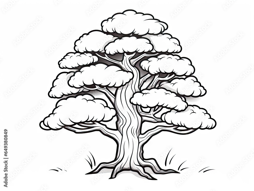 Poster a black and white drawing of a tree with clouds on it. generative ai