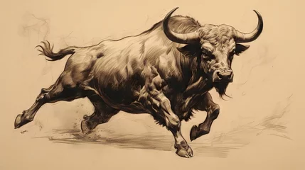 Selbstklebende Fototapeten  a drawing of a bull running in a field of grass.  generative ai © Oleg