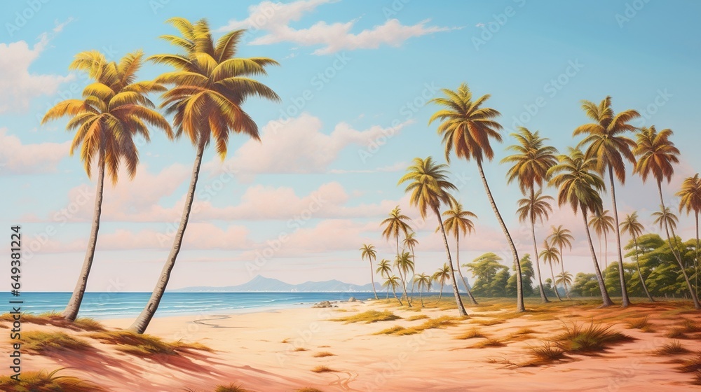 Poster a painting of a beach with palm trees and the ocean in the background. generative ai