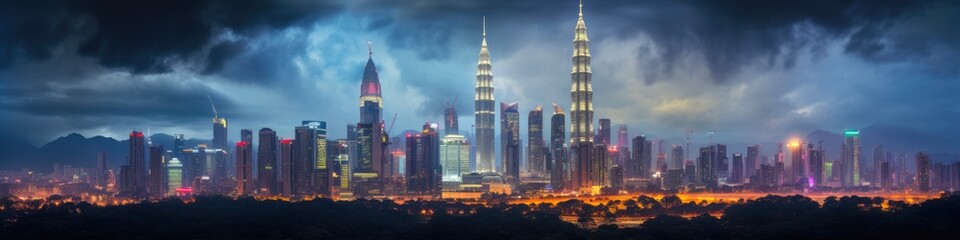 Naklejka premium Captivating Kuala Lumpur Skyline at Night. City Landscape of Malaysia's Urban Architecture with Skyscrapers in Titiwangsa Park