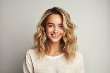 Naklejka premium Illustration generative AI collage amazing beauty blonde woman smiling toothy beaming isolated pastel color background