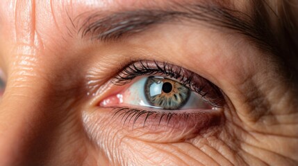 Close-up Portrait of Middle-aged Caucasian Woman Pointing to Wrinkles on Upper Eyelid - Signs of Aging